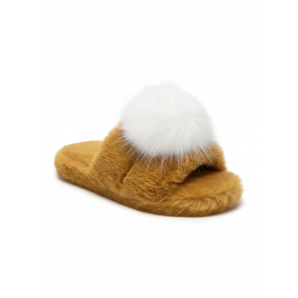 Shiraleah Amor Faux Fur Pom Pom Slide Slippers Mustard Tan White Fuzzy‎ S/M 6-8